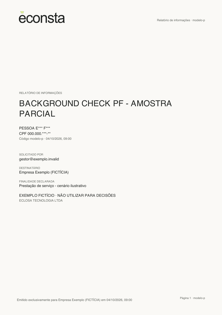 Primeira página do modelo fictício de Background Check PF