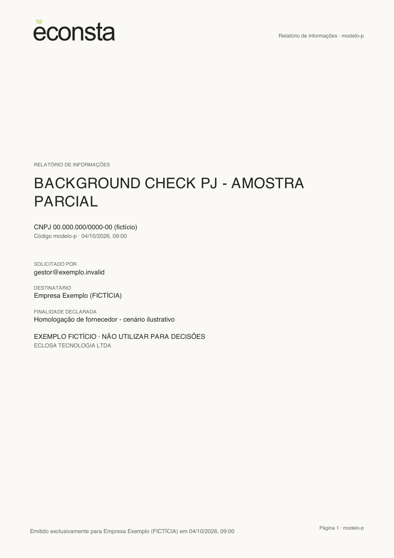 Primeira página do modelo fictício de Background Check PJ