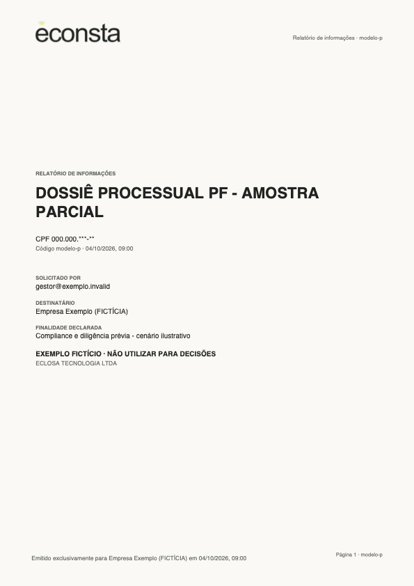 Primeira página do modelo fictício de Dossiê Processual PF