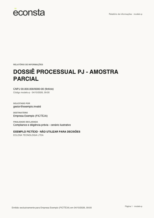 Primeira página do modelo fictício de Dossiê Processual PJ