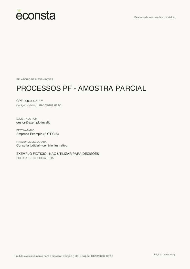 Primeira página do modelo fictício de Processos PF