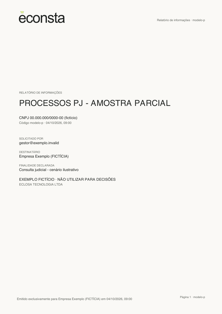 Primeira página do modelo fictício de Processos PJ