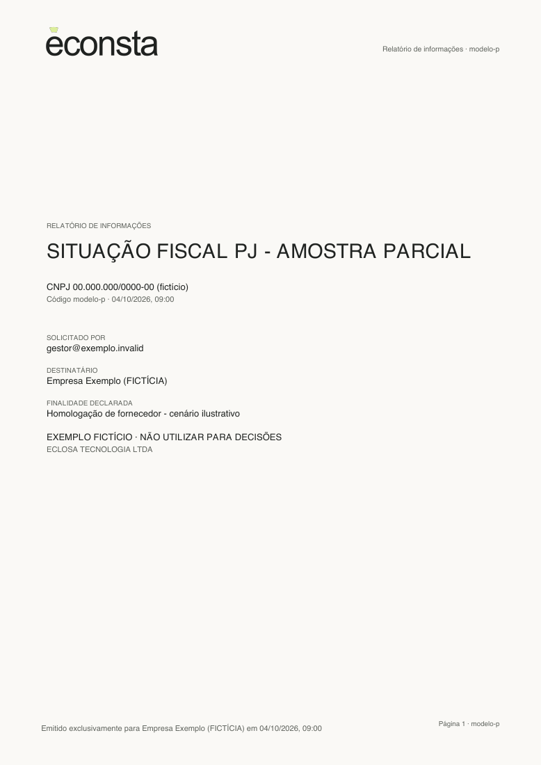 Primeira página do modelo fictício de Situação Fiscal PJ